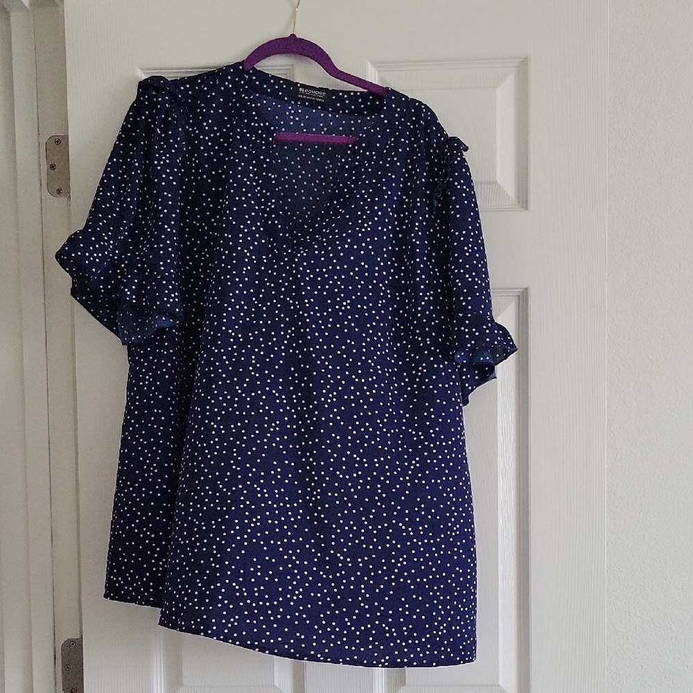 RePoshing to make more room.  BloomChic Navy Blue Polka Dot Short Sleeve Blouse